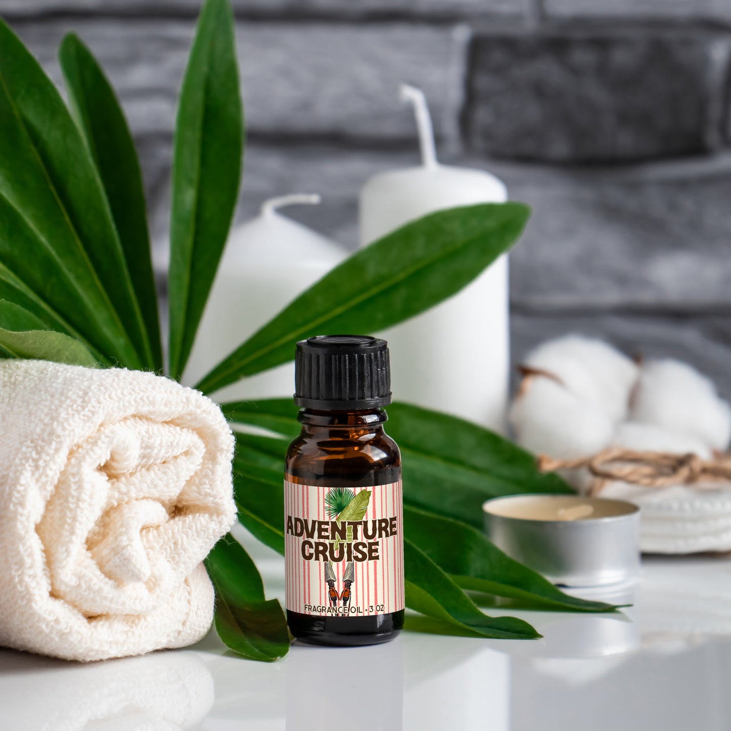 Adventure Cruise Diffuser oil by Trader Walt’s with tropical orchid, palm, and fern scent.

Botanical-themed candle tin labeled Adventure Cruise, inspired by lush jungle fragrance.

Adventure Cruise candle tin featuring Trader Walt’s Parkes Collection design.