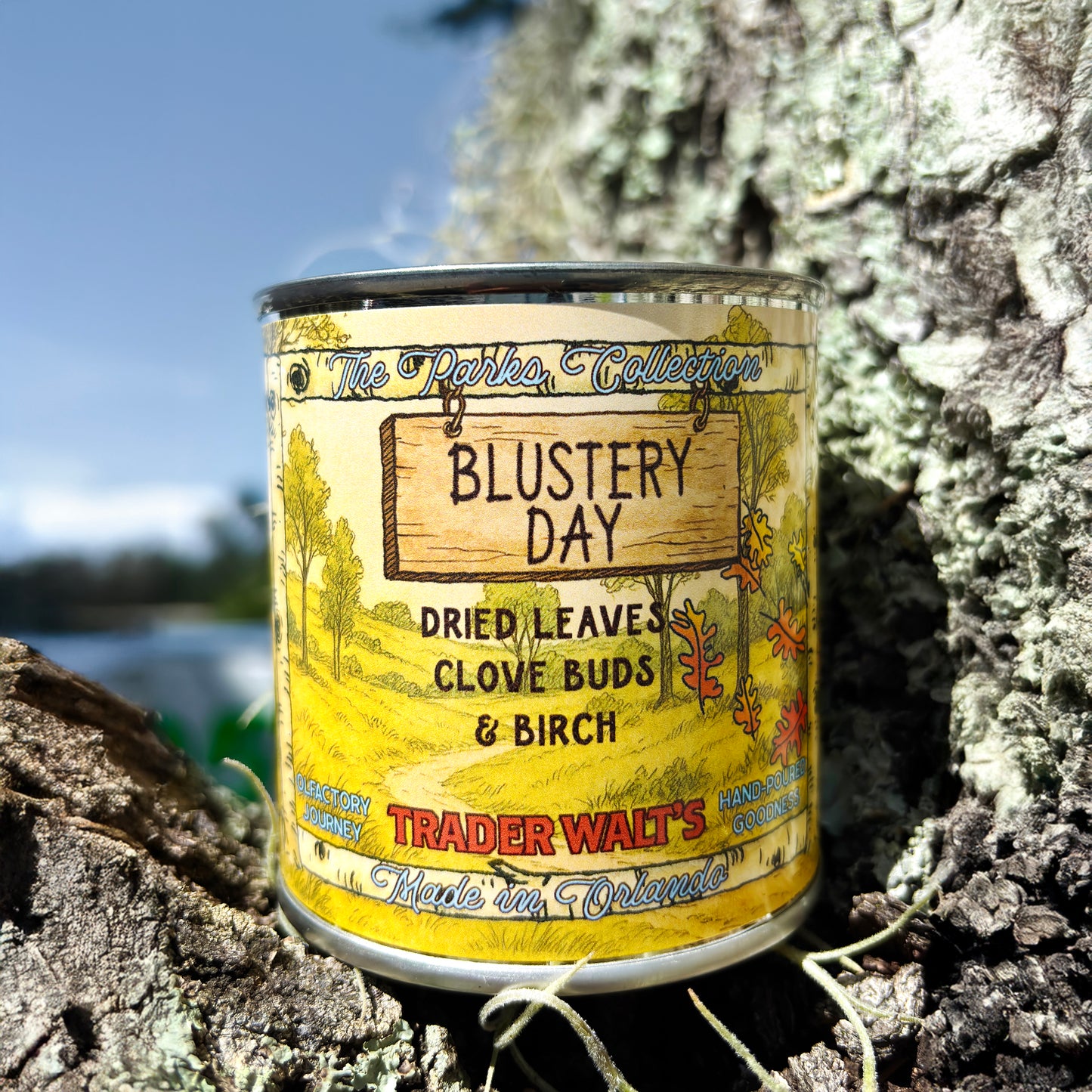 Trader Walt’s ‘Blustery Day’ candle inspired by the Winnie the Pooh storybook world, with autumn scents of dried leaves, clove buds, and birch. The Parks Collection label features a cozy, storybook-style forest design.