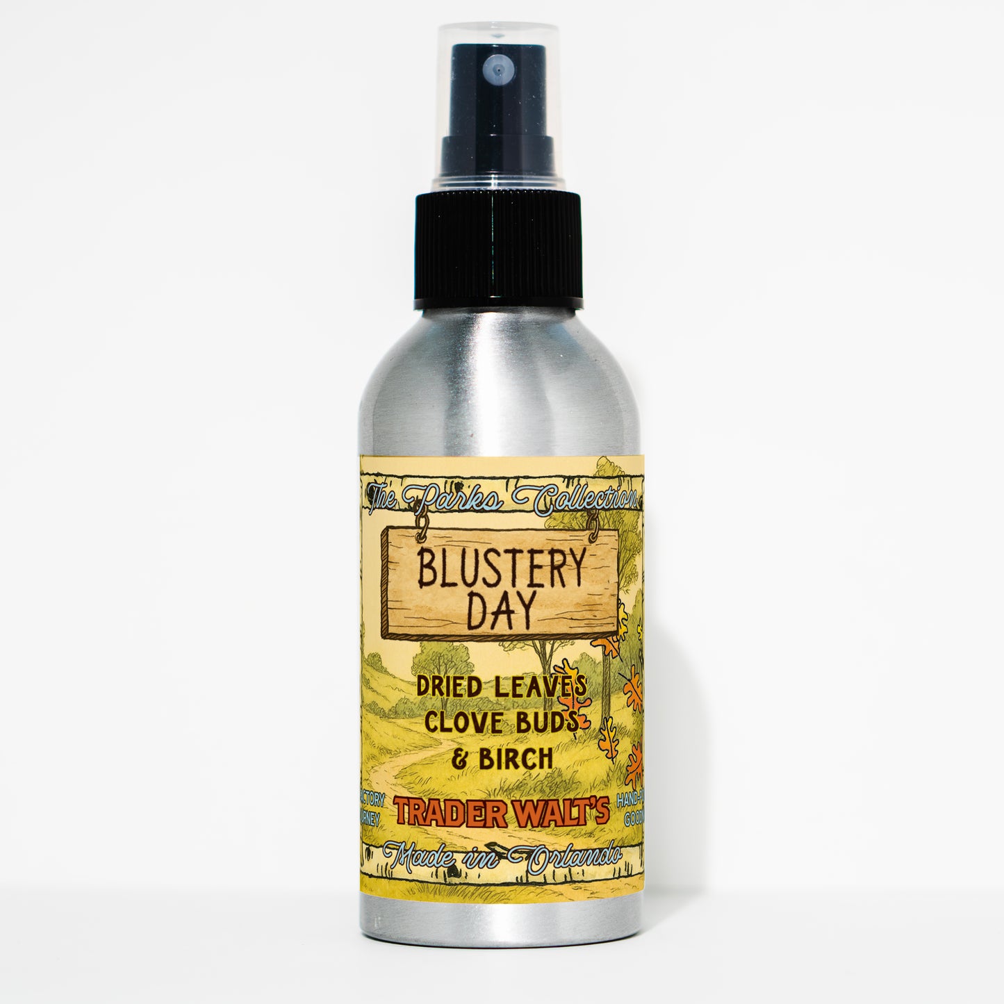 Trader Walt’s ‘Blustery Day’ room spray inspired by the Winnie the Pooh storybook world, with autumn scents of dried leaves, clove buds, and birch. The Parks Collection label features a cozy, storybook-style forest design.
