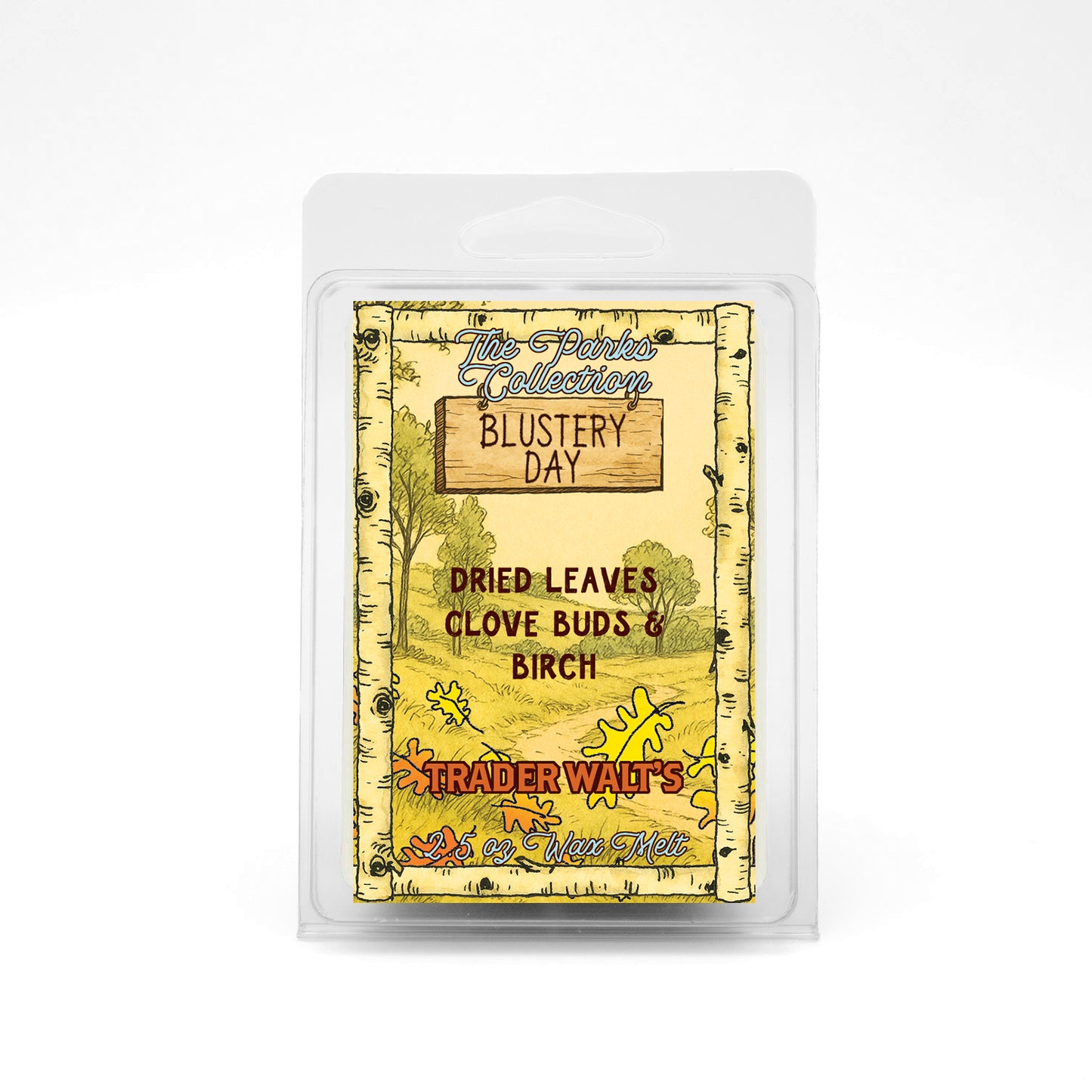 Trader Walt’s ‘Blustery Day’ wax melts inspired by the Winnie the Pooh storybook world, with autumn scents of dried leaves, clove buds, and birch. The Parks Collection label features a cozy, storybook-style forest design.