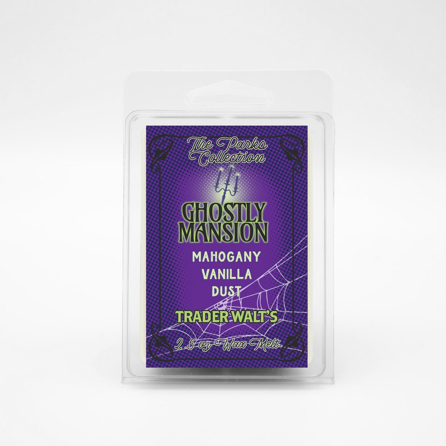 Trader Walt’s scented wax melts in clamshell packaging, hand-poured with nostalgic, park-inspired fragrance blends.