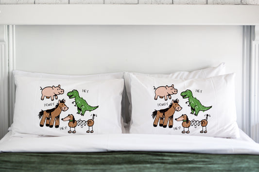 Hand Drawn Toy Story Themed Pillow Cases on bed