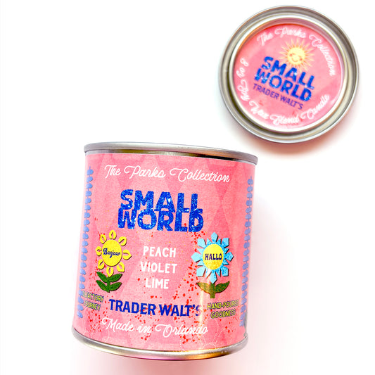 Small World candle and wax melts by Trader Walt’s featuring peach, violet, lime, and warm vanilla. Disney inspired fragrance with It’s a Small World vibes.