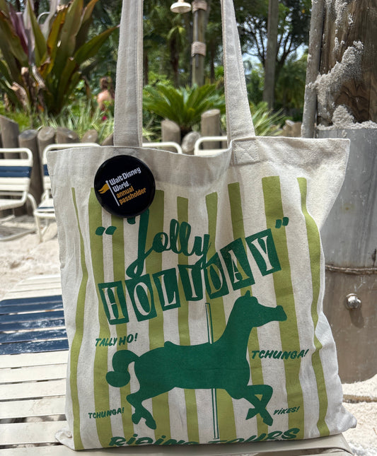 Retro Jolly Holiday Riding Tours Tote by Trader Walt’s, off-white cotton bag with green stripes and carousel horse graphic.