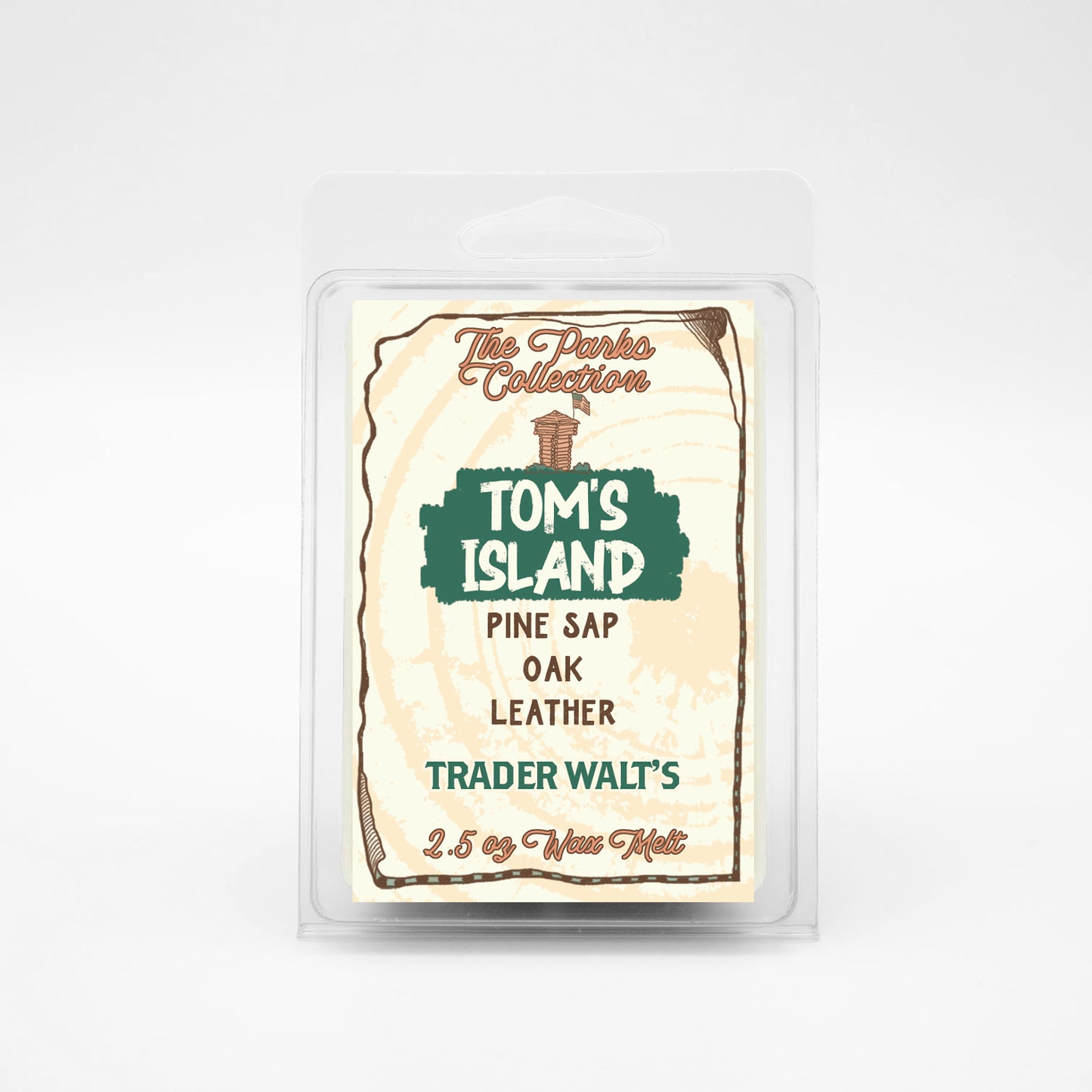 Tom’s Island wax melt  by Trader Walt’s with pine sap, oak, and leather wilderness scent – Disney inspired frontier aroma